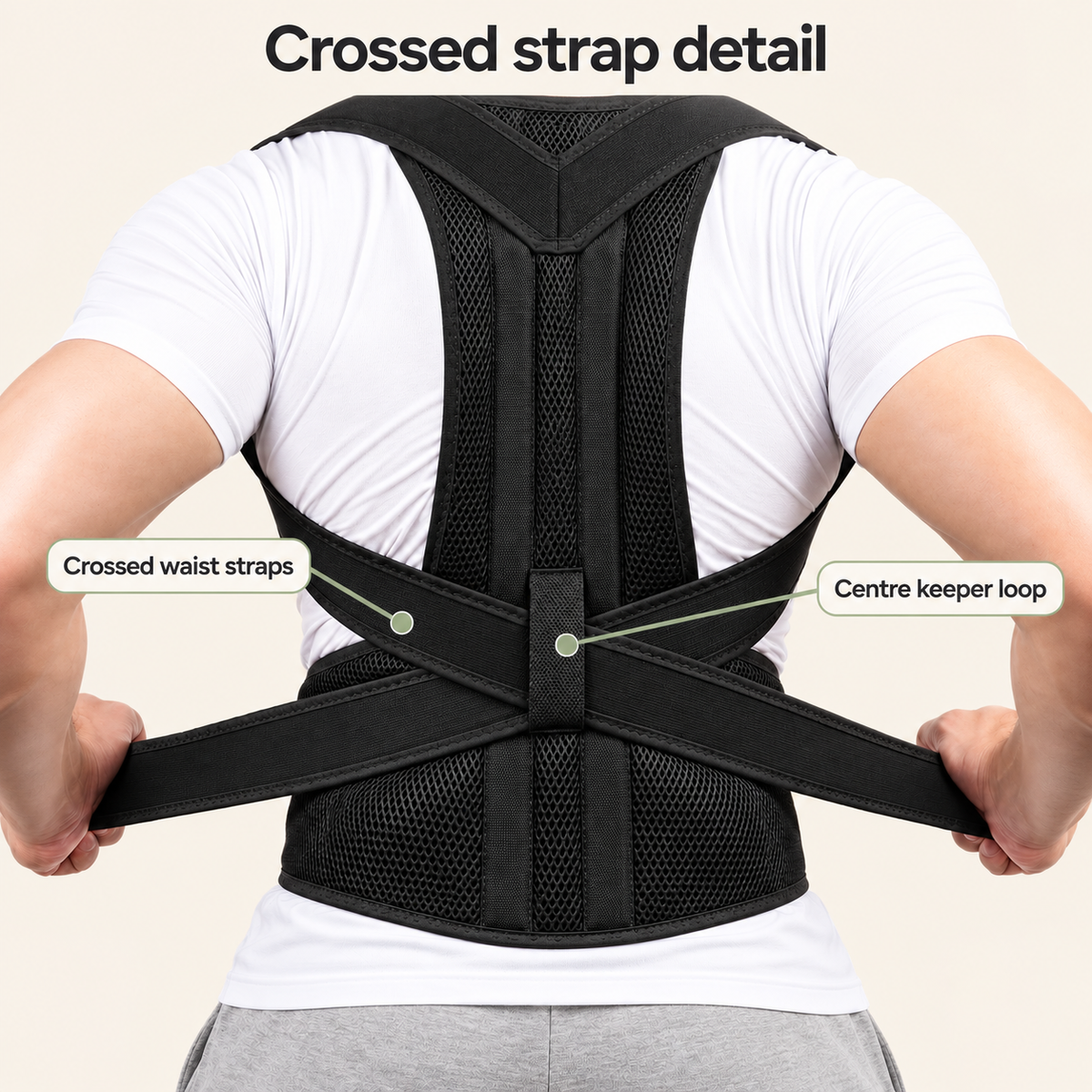 Close-up identifying the crossed waist straps and centre keeper loop