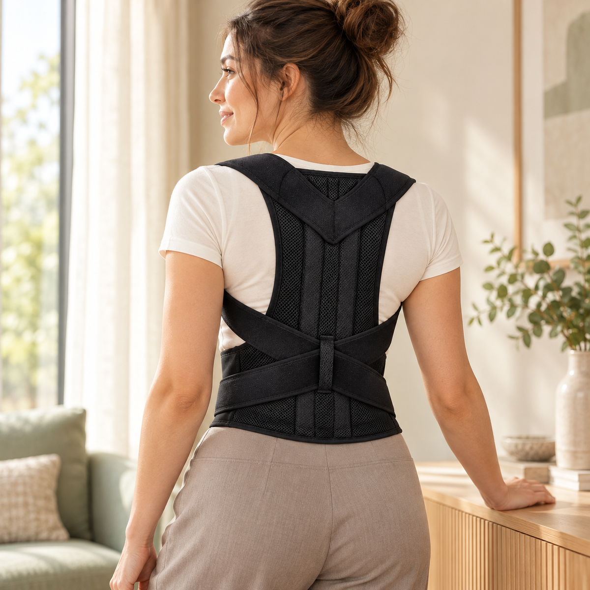 Rear view of an adult woman wearing the black adjustable back support over an ivory T-shirt in a cream and sage room