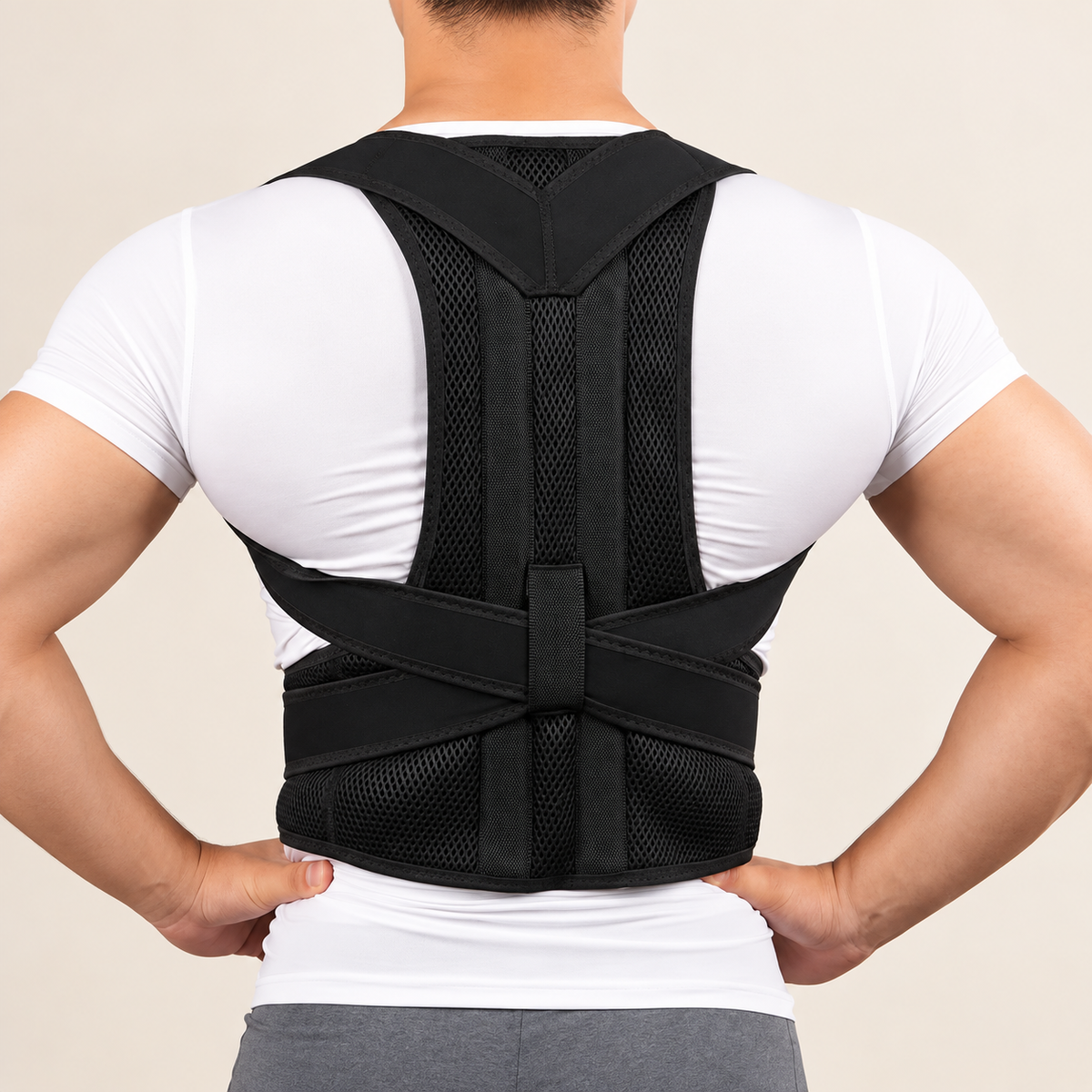 Rear view of the posture support worn over a white T-shirt