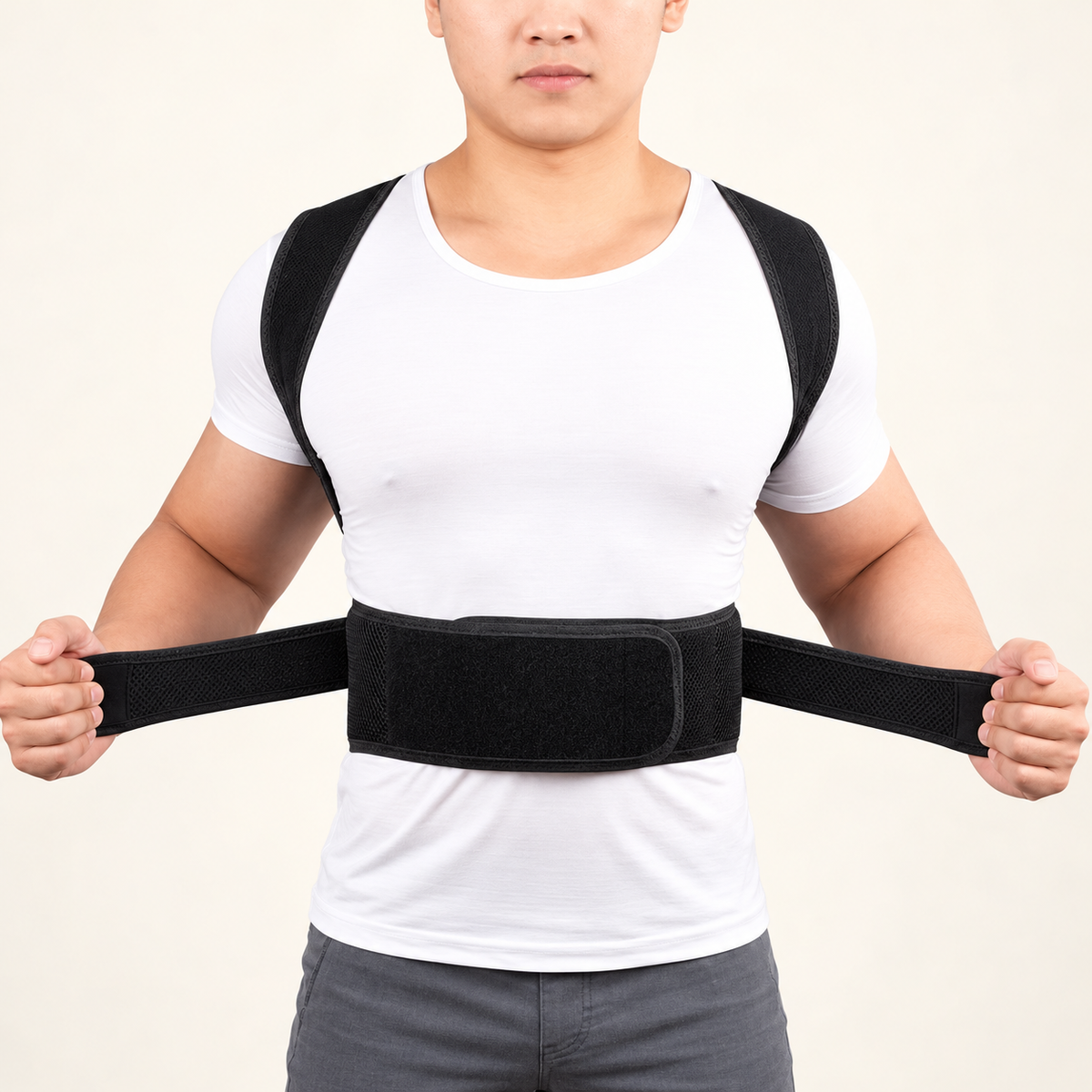 Front view showing the adjustable waist straps and fastening
