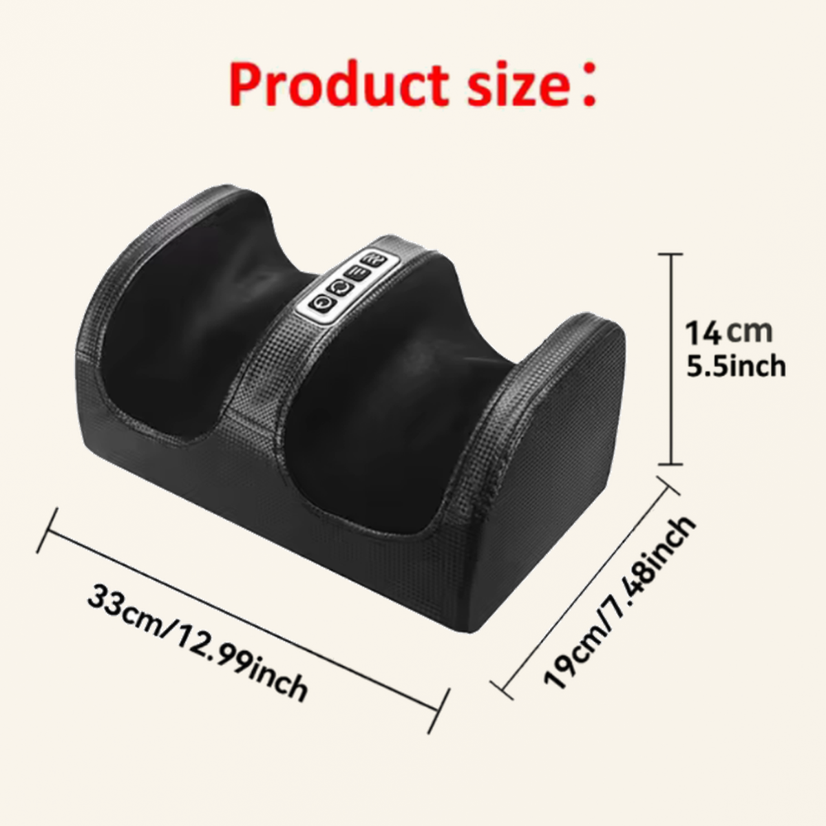 Black-version dimension diagram showing 33 cm by 19 cm by 14 cm