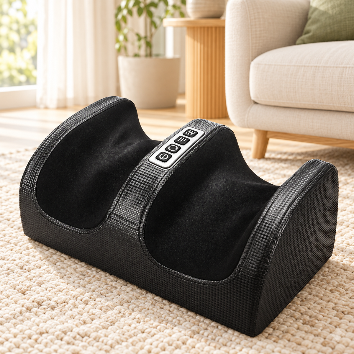 Black foot massager in a softly lit cream and sage living room