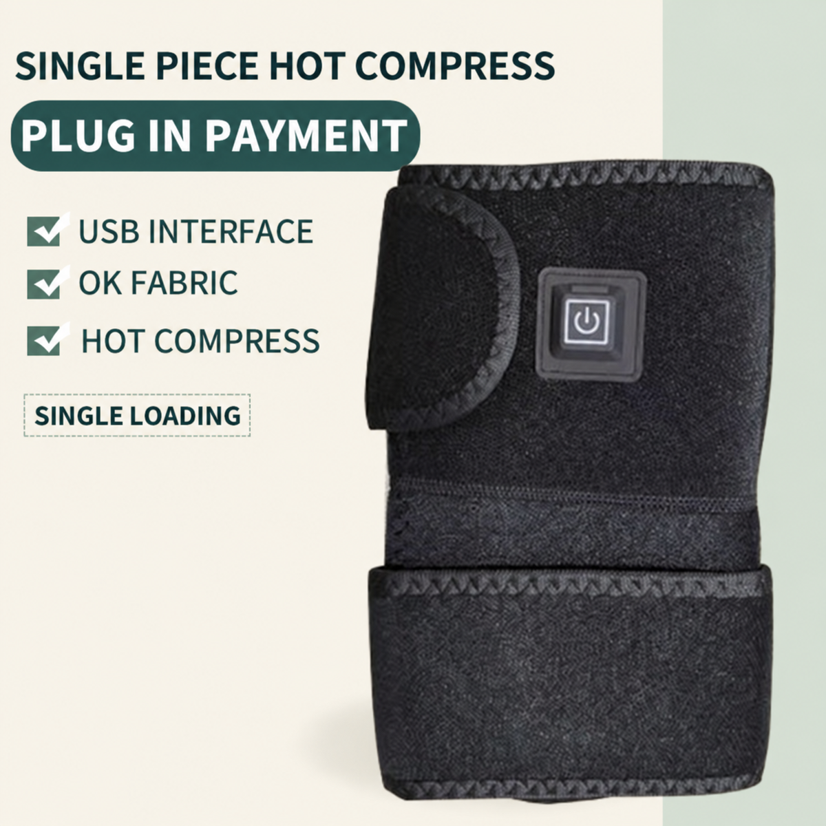 Single black knee-wrap option with its square control and fastening straps; original supplier feature text preserved on cream and sage