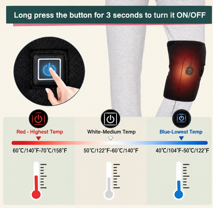 Full supplier guide to three-second on-off control and red, white, blue heat settings; original temperature labels retained and not independently verified