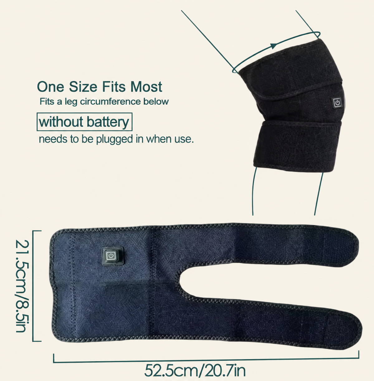 Complete supplier size guide in cream and sage: 52.5 by 21.5 cm unfolded, with no-battery and plugged-in use instructions