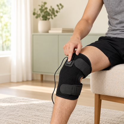 Seated view of the black USB heated knee wrap and its on-wrap control button