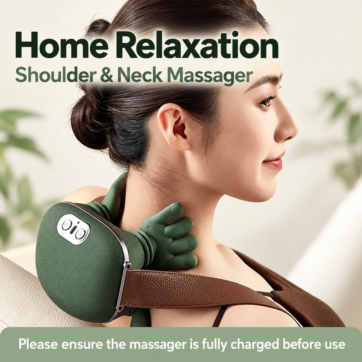 Green neck and shoulder massager in use, with the reminder to charge fully before use.