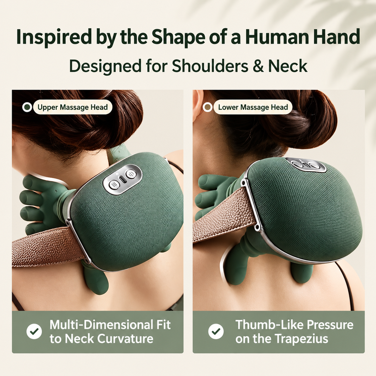 Upper and lower hand-shaped massage-head placement around the neck and shoulders.