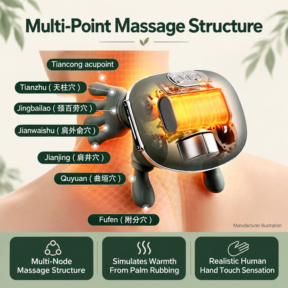 Manufacturer illustration of the massager's multi-point structure and labelled contact points.