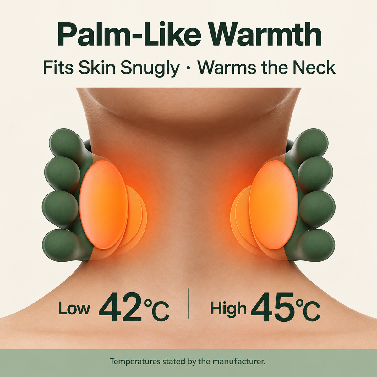 Supplier graphic showing advertised heat settings of 42 and 45 degrees Celsius.