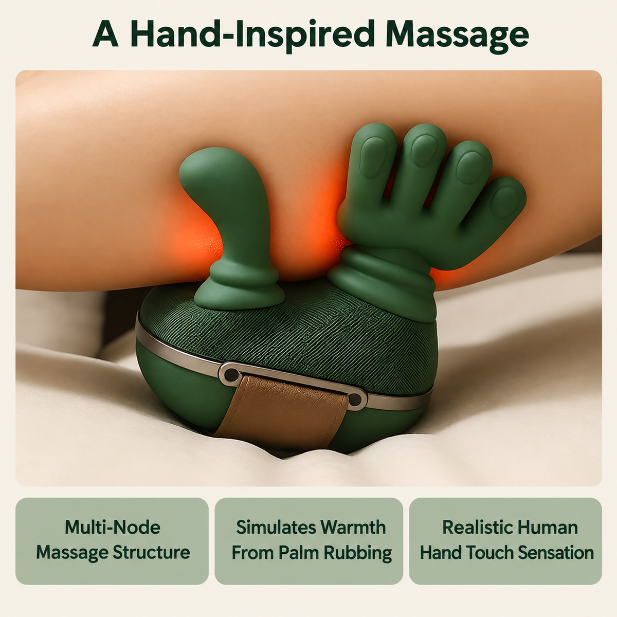Close-up illustration of the massager's hand-shaped contact points.