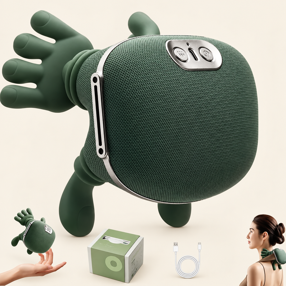 Green neck and shoulder massager with its retail box and USB charging cable.