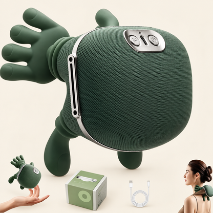 Green neck and shoulder massager with its retail box and USB charging cable.