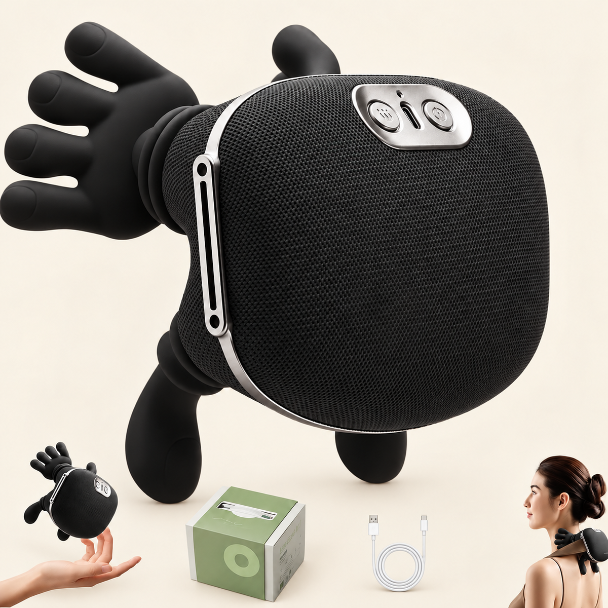 Black and silver neck massager collage with product views, packaging, charging cable and model.