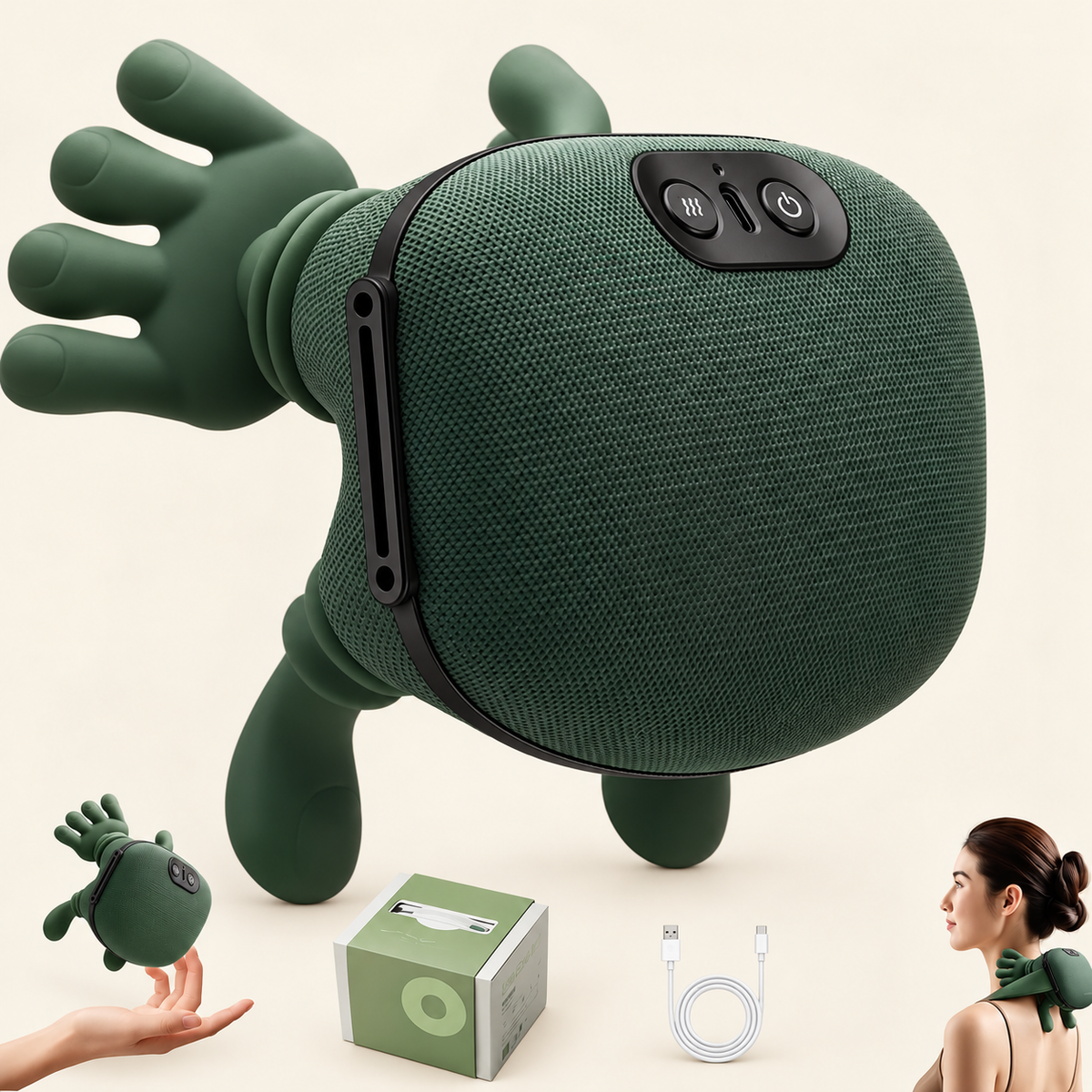 Green and black neck massager collage with product views, packaging, charging cable and model.