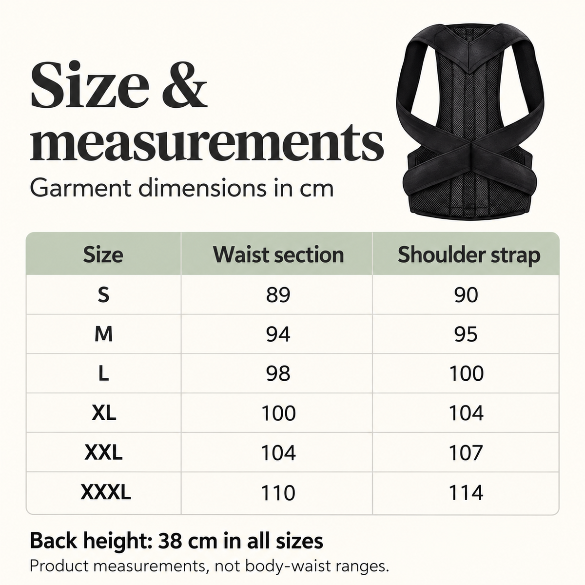 Garment size chart in centimetres for sizes S to XXXL
