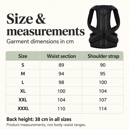Garment size chart in centimetres for sizes S to XXXL