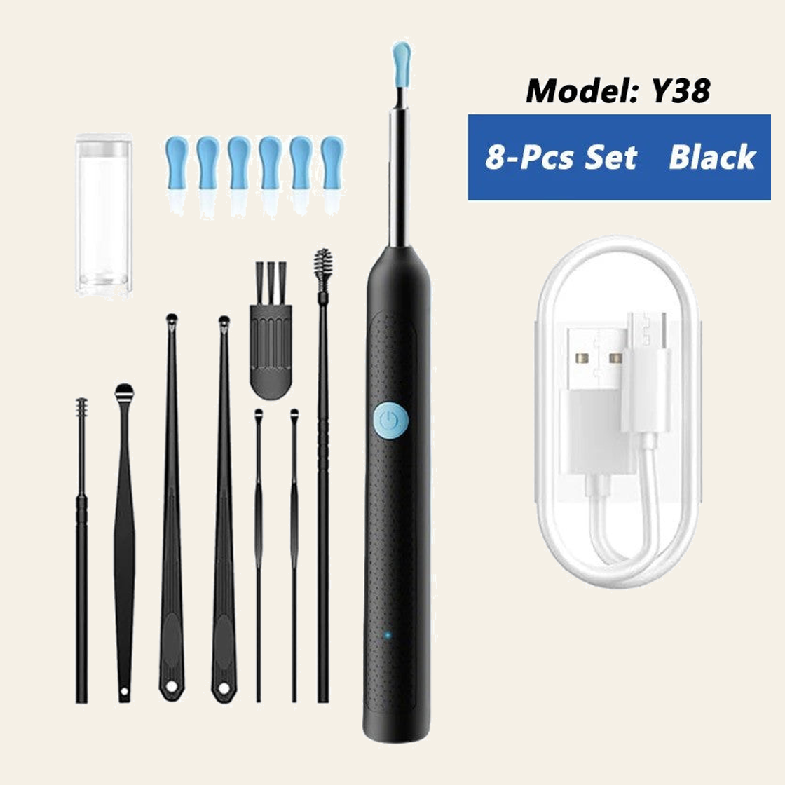 Y38 ear camera in black, 9-piece kit version with its pictured components; original labels and components preserved on cream background