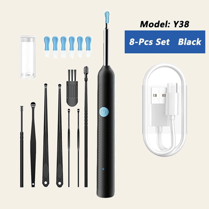 Y38 ear camera in black, 9-piece kit version with its pictured components; original labels and components preserved on cream background