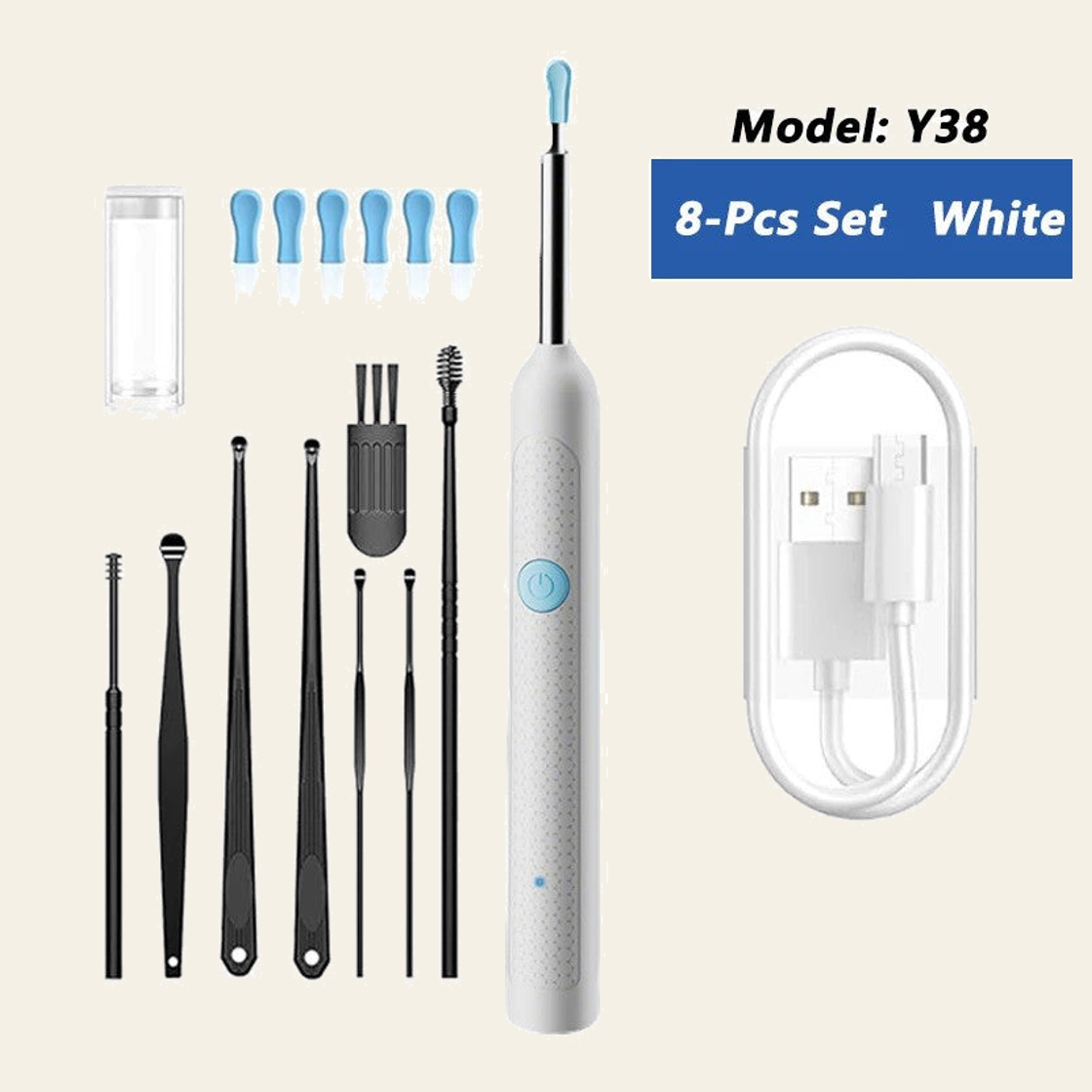 Y38 ear camera in white, 9-piece kit version with its pictured components; original labels and components preserved on cream background