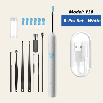 Y38 ear camera in white, 9-piece kit version with its pictured components; original labels and components preserved on cream background
