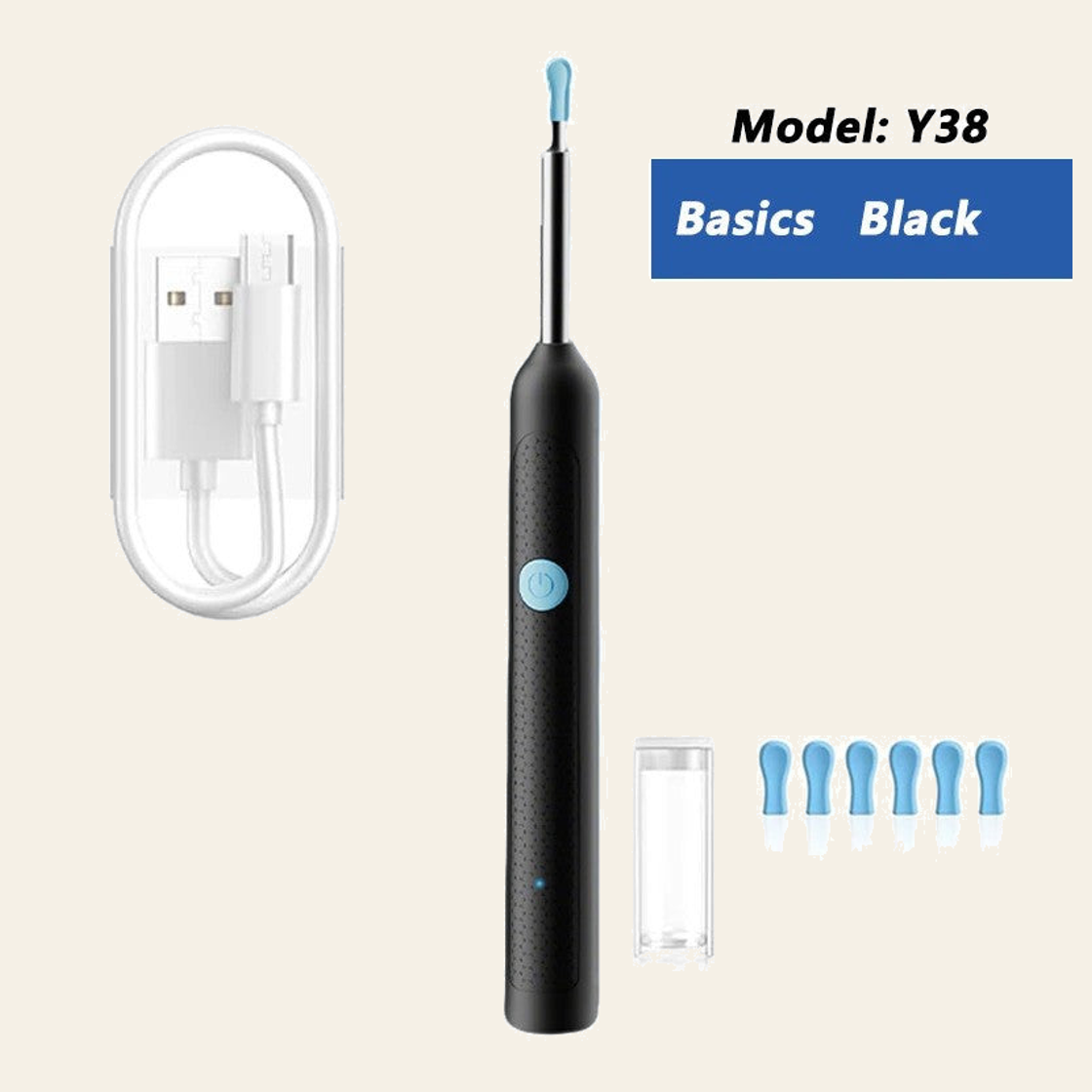 Y38 ear camera in black, basic version with its pictured components; original labels and components preserved on cream background
