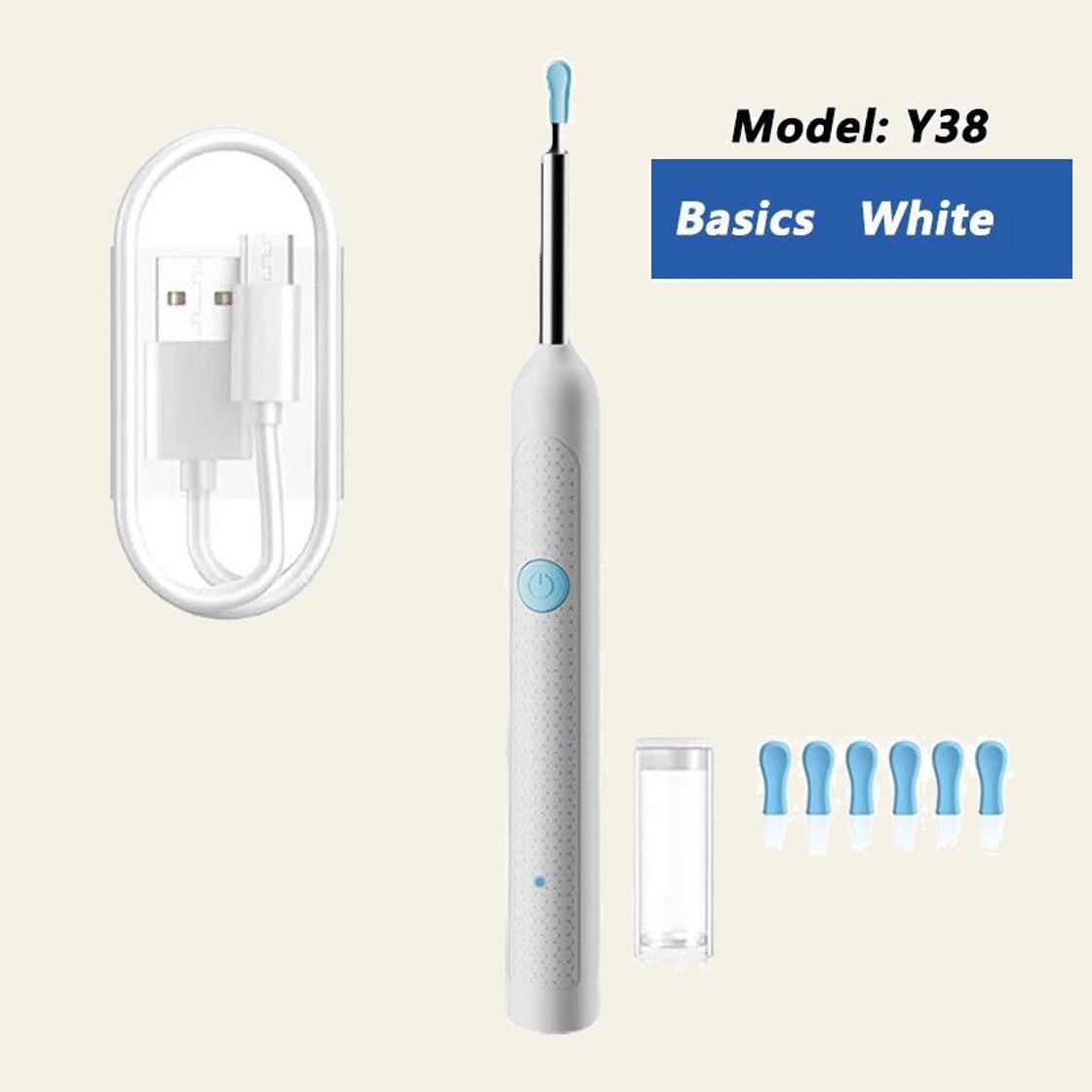 Y38 ear camera in white, basic version with its pictured components; original labels and components preserved on cream background