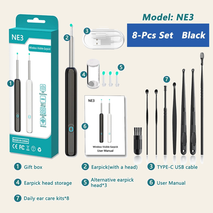 NE3 ear camera in black, 9-piece kit version with its pictured components; original labels and components preserved on cream background