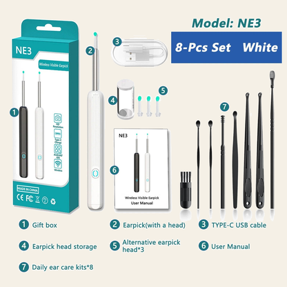 NE3 ear camera in white, 9-piece kit version with its pictured components; original labels and components preserved on cream background