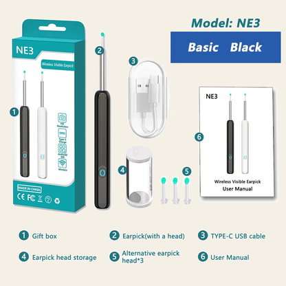 NE3 ear camera in black, basic version with its pictured components; original labels and components preserved on cream background