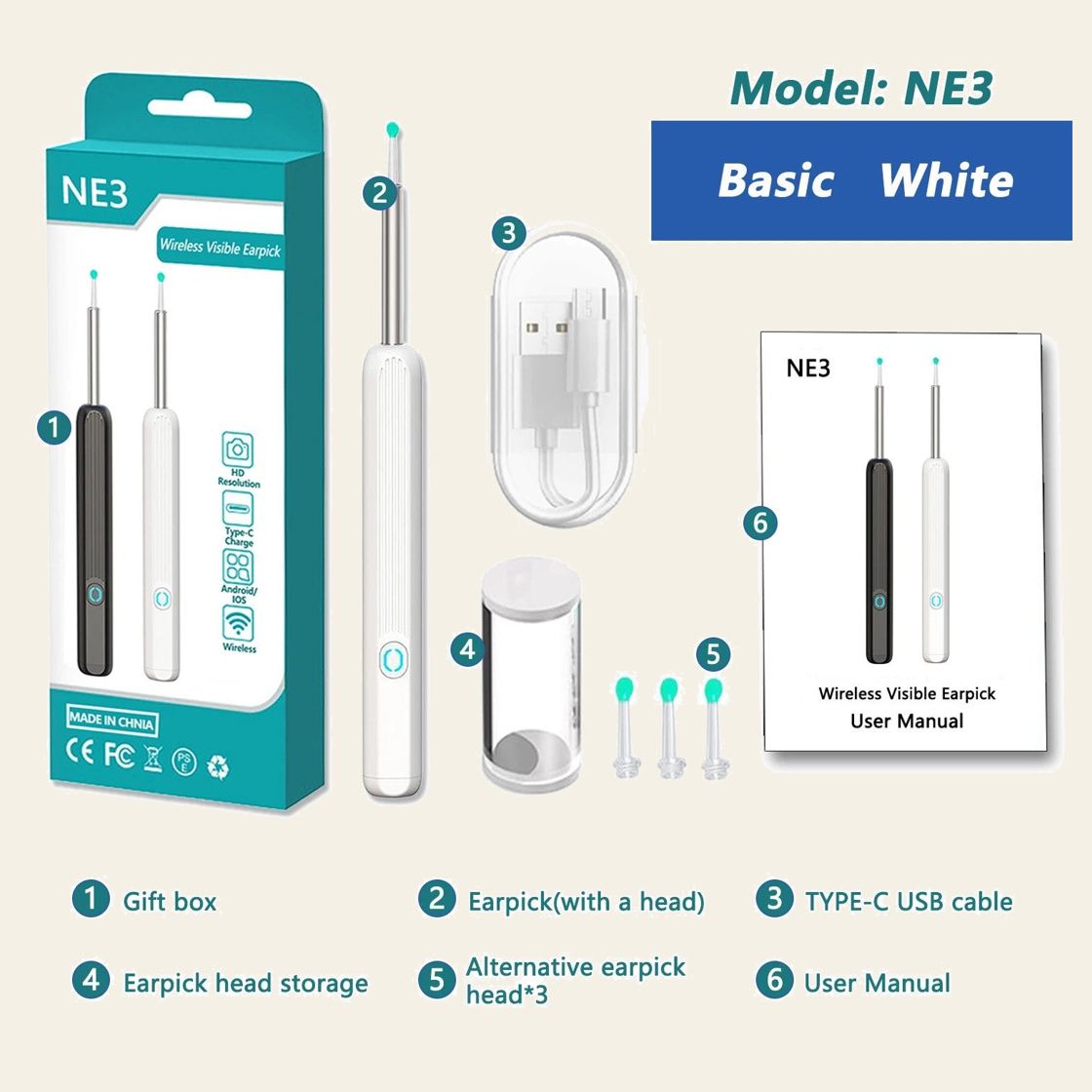 NE3 ear camera in white, basic version with its pictured components; original labels and components preserved on cream background