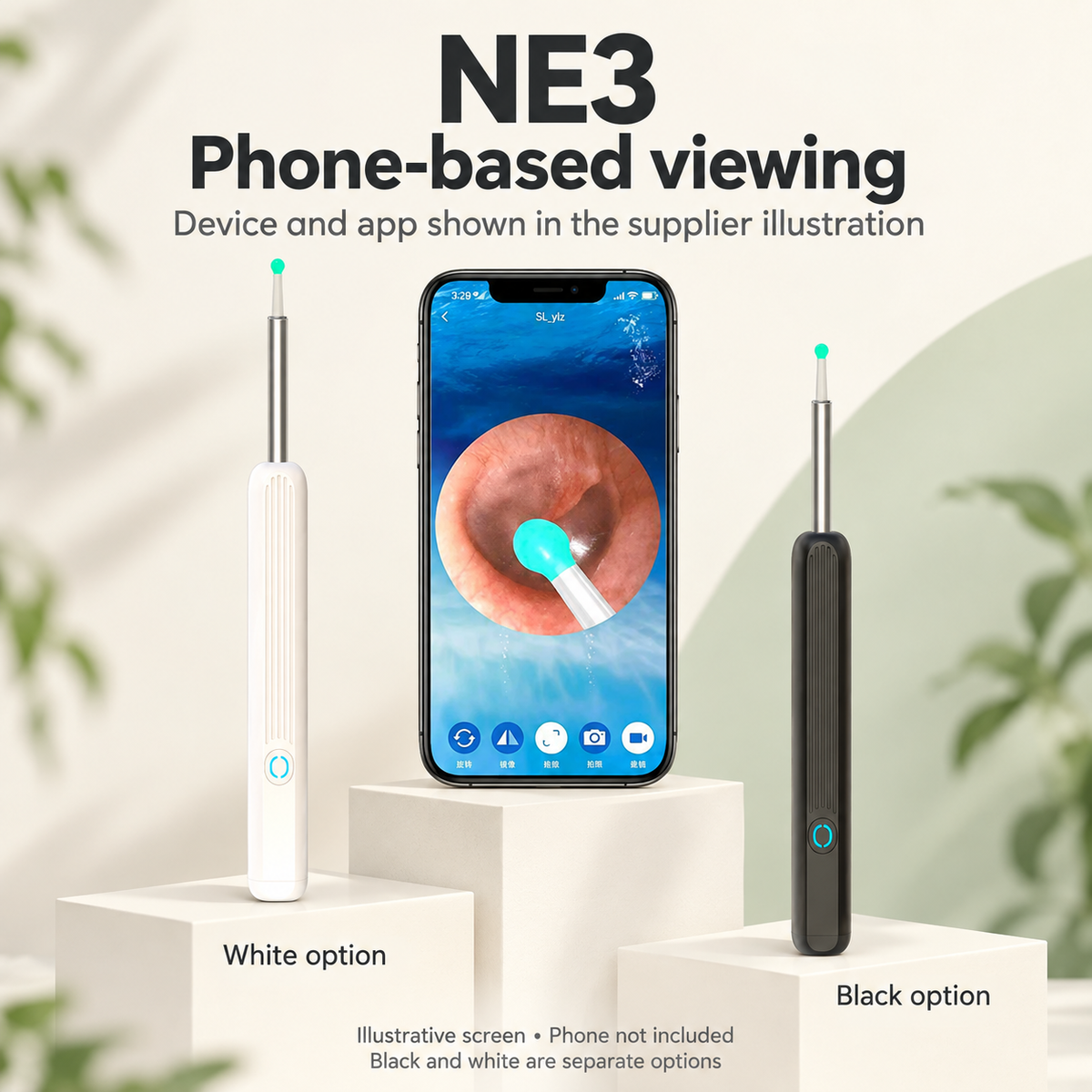 NE3 phone-based viewing illustration with separate white and black device options; illustrative screen and phone not included