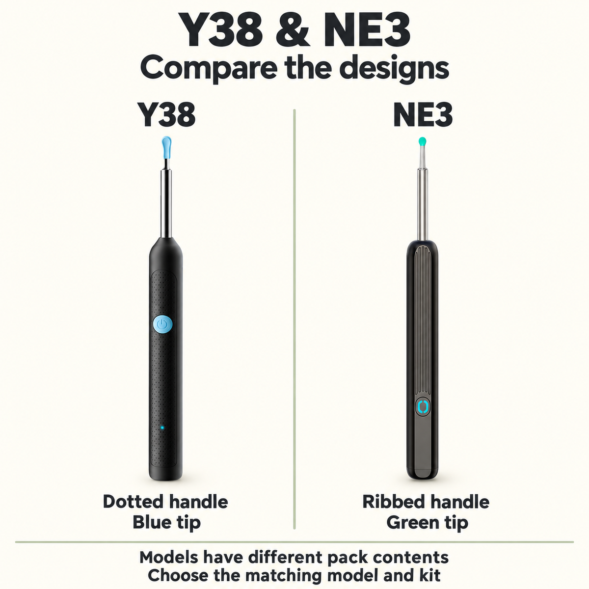 Y38 and NE3 visual design comparison: Y38 dotted handle and blue tip beside NE3 ribbed handle and green tip