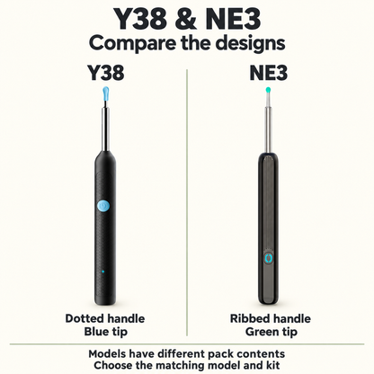 Y38 and NE3 visual design comparison: Y38 dotted handle and blue tip beside NE3 ribbed handle and green tip