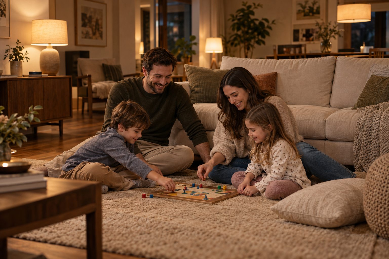 A family sharing a cozy board game evening at home